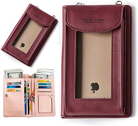 Phone Wallet for Women, Pershoo Credit Card Holder Wallet Soft Leather Billfold Coin Purse, Multifunction Small Crossbody Bag Sling Bag Party Bag Phone Holder for iPhone X/8/8 Plus - Wine Red