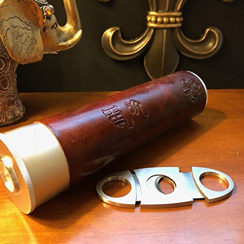 Leather Cigar Humidor and Hygrometer Tube, Built-In Humidifier, Up to 5 cigars case