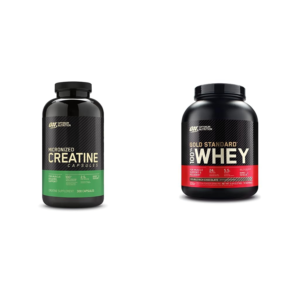 Optimum Nutrition Creatine Monohydrate Capsules and Gold Standard 100% Whey Protein Powder Bundle