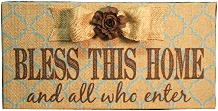 The Faith Collection Turquoise Lattice Bless This Home with Bow Burlap Plaque, 16" x 8"