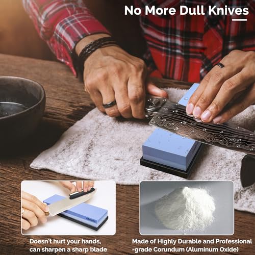 Intelitopia Complete Knife Sharpening Stone Set – Dual Grit Whetstone 400/1000 3000/8000 Knife Sharpener with Leather Strop, Flattening Stone, Bamboo Base, 3 Non-slip Rubber Bases & Angle Guide