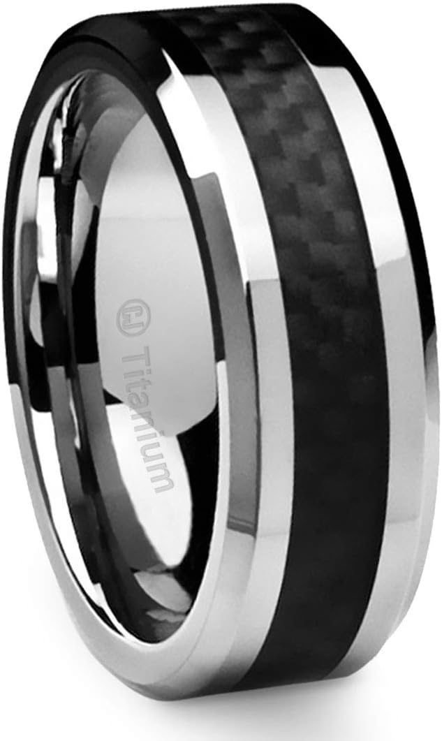 Cavalier Jewelers 8MM Men's Titanium Ring Wedding Band Black Carbon Fiber Inlay and Beveled Edges Size U