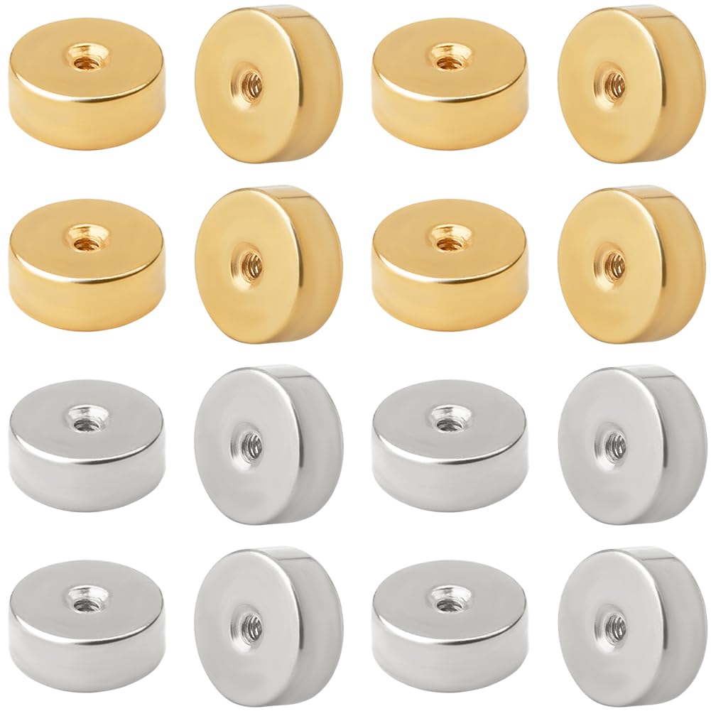 Beebeecraft 1 Box 60Pcs Gold & Silver Ear Nuts 304 Stainless Steel Screw Flat Round Earring Backs for Jewelry Earring Making Supplies