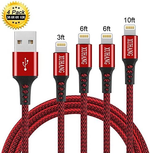 Lightning Cable, XUHANG iPhone Charger 4 Pack 3/6/6/10FT Nylon Braided 8 pin iPhone Charging Cables, Compatible with iPhone X/8/8 Plus/7/7 Plus/6/6 Plus/iPad and More (Red)