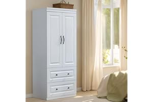 LivelyLodge 74" H Closet with Doors White Wooden Armoire Wardrobe Closet Freestanding Clothes Storage Closet Bedroom Armoires Wood Wardrobe Storage Closet Cabinet with Hanging Rod Shelf 2 Drawers