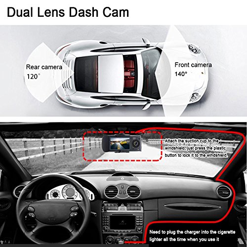 THINK SOGOOD Dual Lens Car Video Camera, 2.7’’ Dashboard Camera with 140° Front Wide Angle and 120° Rear Wide Angle, DVR Recorder with G-Senor, Loop Recording, GPS(8G TF Card Included)