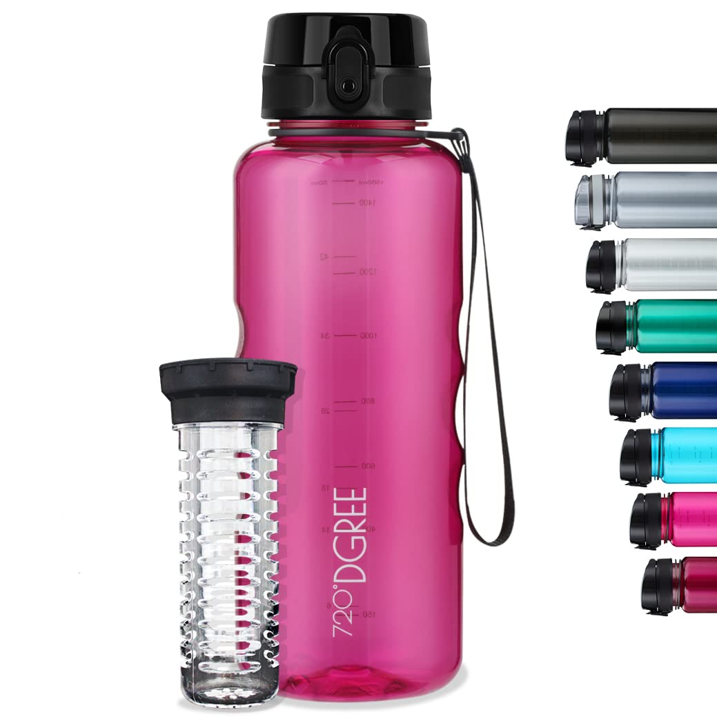 720°DGREE Water Bottle “uberBottle“ - 1.5 L crystalClear +Fruit-Infuser - BPA-Free Tritan, Leakproof, Reusable Drinking Bottle - Sports Bottle for Gym, Fitness, Hiking, Travel, School, Office