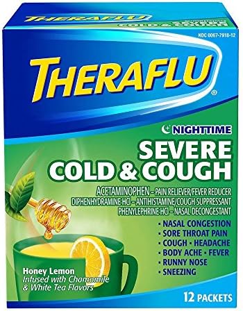 Theraflu Nighttime Severe Cold and Cough Medicine, Honey Lemon, Chamomile, and White Tea Flavors, 12 Count - Pack of 2