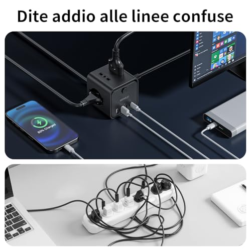 Electric Power Strip with 4 Universal Sockets 10/16A ITA and Schuko, 2 M Electrical Extension Cable with 2 USB A+2 USB C, Multiple Plug Flat Space-Saving with Switches for Home, Office, Black