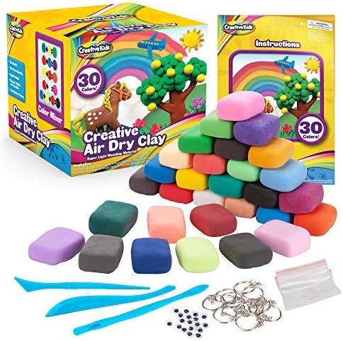Creative Kids Air Dry Clay Modeling Crafts Kit For Children - Super Light Nontoxic - 30 Vibrant Colors &amp; 3 Clay Tools - STEM Educational DIY Molding Set - Easy Instructions &ndash; Gift For Boys &amp; Girls 3 +