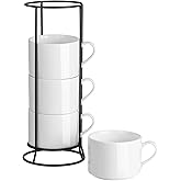 Meichu 10oz Stackable Coffee Mugs Set of 4 with Stand, White Ceramic Coffee Cups Set for Cappuccino, Latte, Tea, Milk, Housewarming Gift