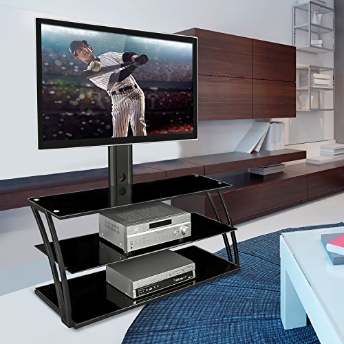 Mount-It! MI-864 TV Stand Entertainment Center with Mount and Storage Shelves, Fits 32 to 60 Inch Screens, VESA 100x100 to 600x400, Glass Shelving, 88 Lbs, Black