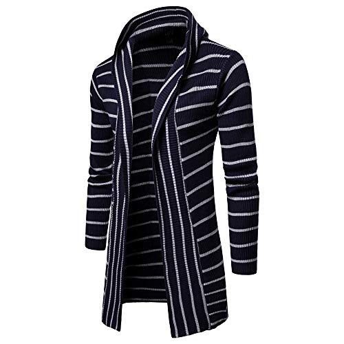 GOVOW Men's Jackets Lightweight Casual Hooded Solid Knit Stripe Coat Cardigan Long Sleeve Tops(L,NavyÂ )