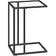 HOOBRO C Shaped End Table, Tempered Glass Snack Side Table with Metal Frame, TV Tray Table for Small Space, Sofa Couch and Bed, Modern Style, Black BK03SF01