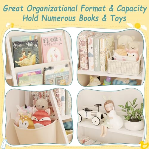 Kids Bookshelf and Toy Organizer, Montessori Bookcase and Toy Storage for Kids Room, 3 Tier Sling Book Rack for Toddler, Children Book Display Shelf for Nursery, Bedroom, Playroom, Classroom
