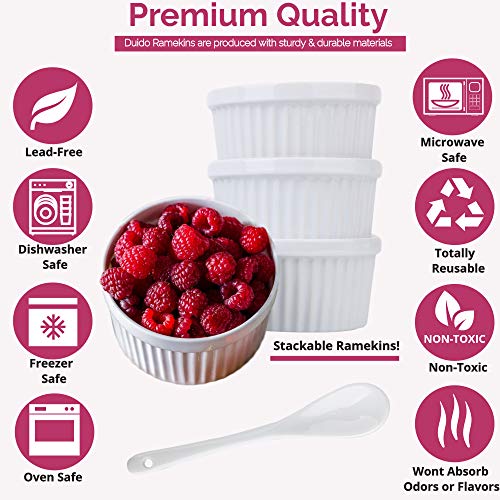 Souffle Dish Ramekins for Baking - 12 Ounce (Set of 4, White with 4 Extra Spoons) 12 Oz
