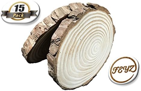 Unfinished Natural Round Discs with Tree Bark for DIY Crafts | 3.5” - 4” inches | 15 pcs | Pine Wood Slices | Wooden Circles for Coasters Burning | FEYZ