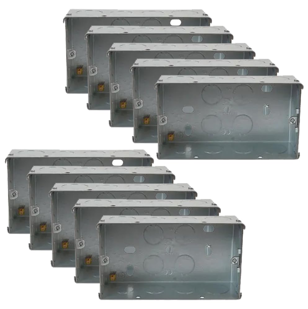 rhinocables - Metal 2 Gang Double Socket Back Box | 47mm Depth for Versatile Installation | Durable Galvanized Steel | BS4662 Compliant | Easy Mounting | Pre-Punched Knockouts, 10 Pack