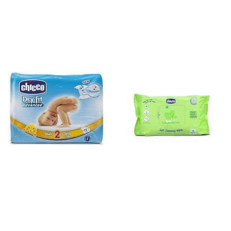 Chicco Dry Fit Adv Mini Diaper, 25 Count & CHICCO Wipes Sticker Pack (72 Pieces)