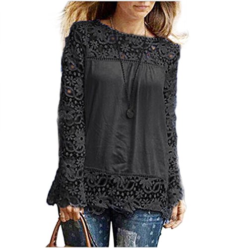 Women Long Sleeve Shirt,Lady Casual Lace Blouse Loose Cotton Tops (M, Black)