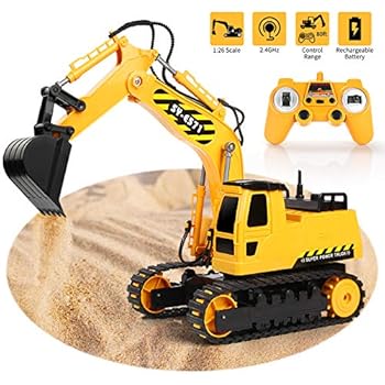 RC Excavator 2.4Ghz Remote Control Tractor Toy Full Functional 1/26 Construction Vehicles Truck with Rechargeable Battery Simulated Sounds Sand Digger Kids Toys Hobby Gifts for Boys Girls Toddlers