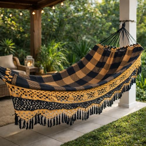 Rede de Dormir Casal Artesanal Luxo 4,5m em Algodão – Rede Descanso Reforçada para Quarto, Varanda, Jardim e Área de Lazer até 350kg(CARAMELO COM PRETO)