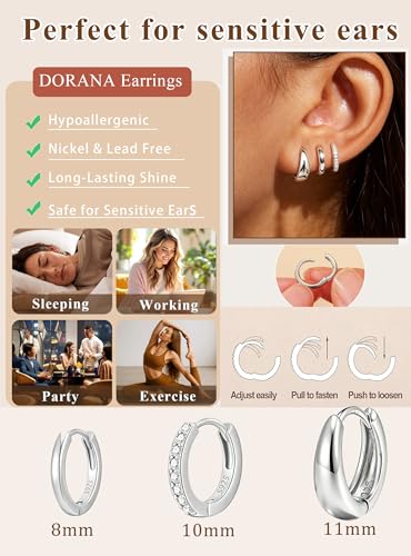 DORANA Jewelry for Her Gift 3 Pairs 925 Sterling Silver Earrings for Women Non Tarnish 14K Gold Plated Small Hypoallergenic Huggie Hoops Cartilage Stack Earring Sets for Multiple Piercing