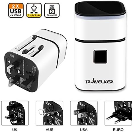 Travelker Universal Worldwide Travel Adapter,International Travel Charger Wall Charger Adapter, With Multi-function Dual USB Ports 5V 3.1A - White