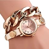 Doinshop Women Gold Dial PU Leather Chain Wrap Analog Quartz Wrist Watch Bracelet (white)