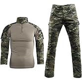 LANBAOSI Men's Tactical Combat Shirt and Pants Set Long Sleeve Woodland Hunting Military Uniform 1/4 Zip