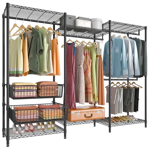 VIPEK V10 Wire Garment Rack 5 Tiers Heavy Duty Clothes Rack with Hanging Rods, Wire Shelves & 2 Slid Storage Baskets, Large Size Clothing Rack 68.9" W x 15.7" D x 76.4" H, Max Load 920 LBS, Black