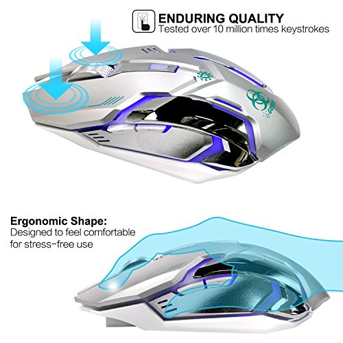VEGCOO C9s (Updated Version) Wireless Gaming Mouse, Rechargeable Silent Click Mice with Nano Receiver, Changing Breathing Backlit, 3 Adjustable DPI Up to 2400 for Laptop, PC, MacBook (C9s Sliver)