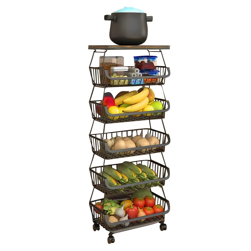 Photo 1 of Baotkere Metal Wire Baskets with Wheels, Kitchen Organizer, 6 Tier Stackable Storage Containers, Fruit and Vegetable Trolley, Dish Rack for Bathroom, Garage and Pantry