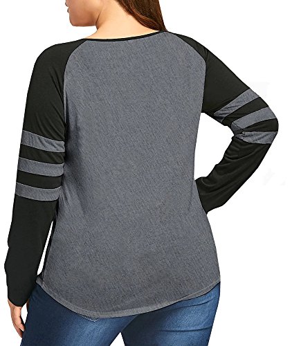 Imysty Plus Size Womens Tops Long Sleeve Sexy V Neck Striped Raglan Henley Shirts Blouse (XX-Large, Grey) - Thumbnail 3