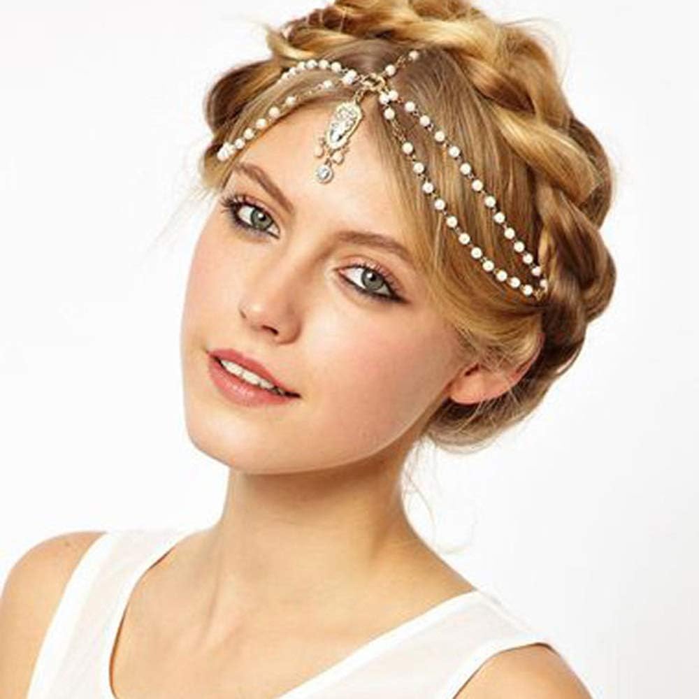 Vintage Wedding Bridal Gothic Gold Head Chain Bridal Headpiece Rhinestone Crystal Wedding Hair Accessories for Bride and Women Imitation Pearl Handmade Headband (White)