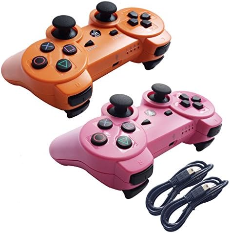 Tevodo 2 Packs Wireless Bluetooth Controllers For PS3 Double Shock - Bundled with USB charge cord-Orange and Pink