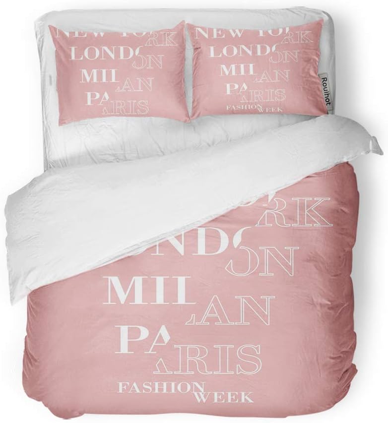 rouihot Duvet Cover Set Queen/Full Size Spliced New York London Paris Milan Week Slogan Pink 3 Piece Microfiber Fabric Decor Bedding Sets for Bedroom