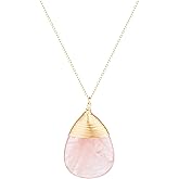 Big Rose Quartz Healing Crystal Necklace for Women Handmade Natural Crystal Energy Healing Gemstones Jewelry Teardrop Pendant Necklace 18 Inches Chain