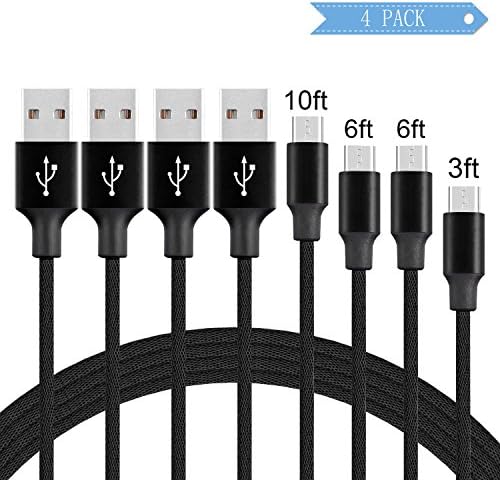 Micro USB Cable Charger, 4 Pack 10FT 6FT 6FT 3FT ICFPWR Nylon Braided High Speed USB Micro USB Charging Cable, Sync and Charging Cord for Samsung, Nexus, Motorola, Android Smartphone etc [Black]