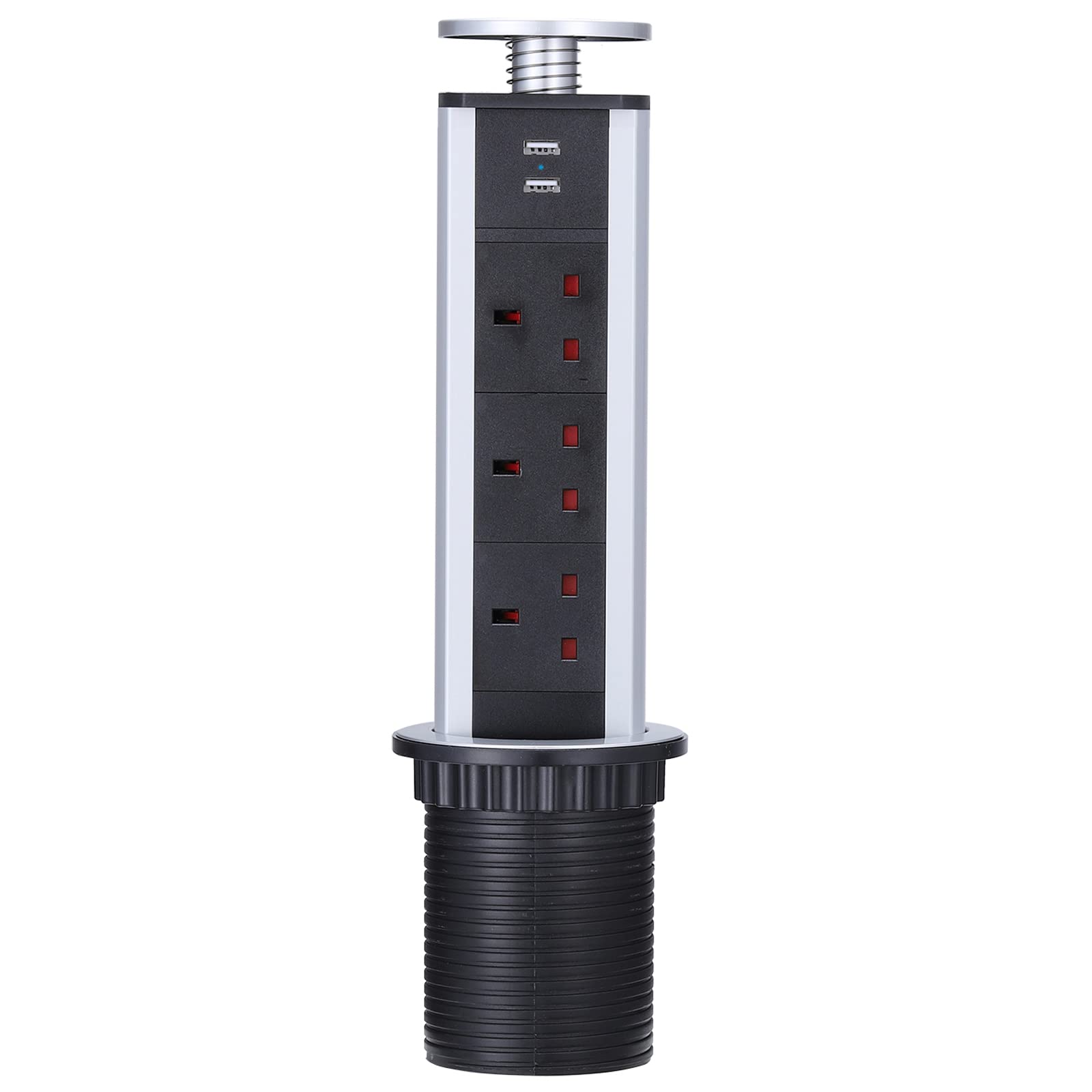 Kitchen Pull Pop Up Sockets for Worktop Desktop with 3 Power Sockets Plug 2 USB Ports - Chrome Effect