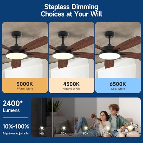 Roomratv Ventilador de techo inteligente de 52 pulgadas con luz regulable, silencioso, reversible, motor de CC, control remoto compatible con Alexa Google Home