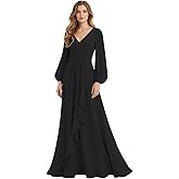 IMCACTOR Women's Chiffon Bridesmaid Dresses Long Sleeve Ruffles V-Neck Pleated Formal Wedding Guest Dresses