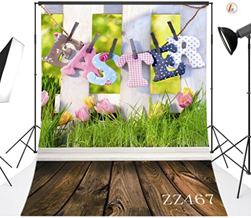 LB 5x7ft Fabric Spring Easter Backdrop Flower Green Grass Yard Fence Rustic Wooden Floor Photography Background Kids Children Baby Portrait Floral Party Decorations Photo Booth Studio Props