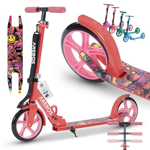 Arebos Cityroller Tretroller Rot Scooter höhenverstellbar | klappbar | inkl. Traggurt | XXL Räder | Tritt-Bremse | für Kinder und Erwachsene | bis 100