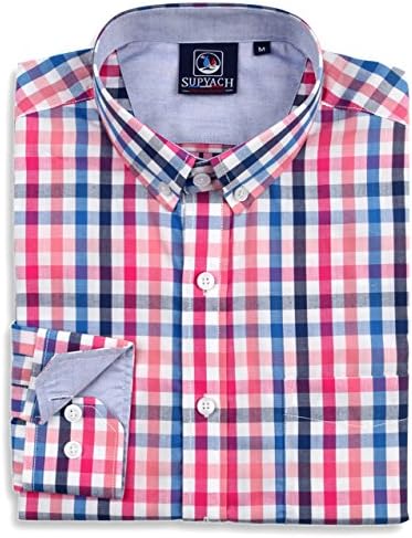 SUPYACH Men's Classic Fit Long Sleeve Button Down Shirts (X-Large, Blue/Red Multi)