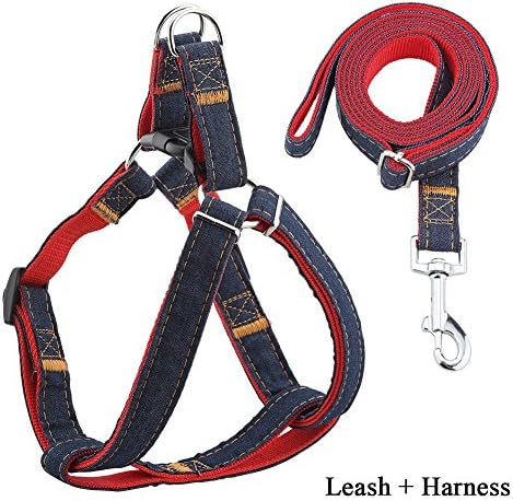 VSFNDB Dog Leash Harness Set Heavy Duty Dog Cat Harness Leash for Small Medium Large Breed, No Choke and Comfort, Denim Adjustable Leash Harness for Walking Training