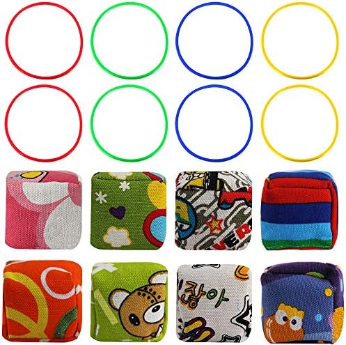 MeiGuiSha 8pcs Pattern Nylon Bean Bags and 8pcs Plastic Rings for Kids Ring Toss Game,Booth Carnival Garden Backyard Outdoor Games