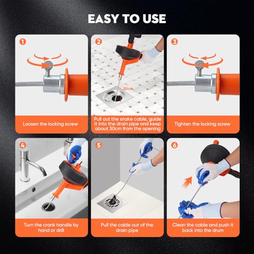 VAYOTOY Professional Pipe Unblocker, 10 m Flexible Spiral Unclogging Pipes for Kitchen Sinks, Bathrooms and Showers. Including Gloves, Bag, Brush