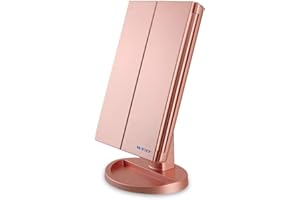 WEILY Lighted Vanity Makeup Mirror 1x/2x/3x Magnification Trifold with 21 LED Lights Touch Screen and USB Charging, 180 Degree Adjustable Stand for Countertop Cosmetic Makeup Mirror(Rose Gold)