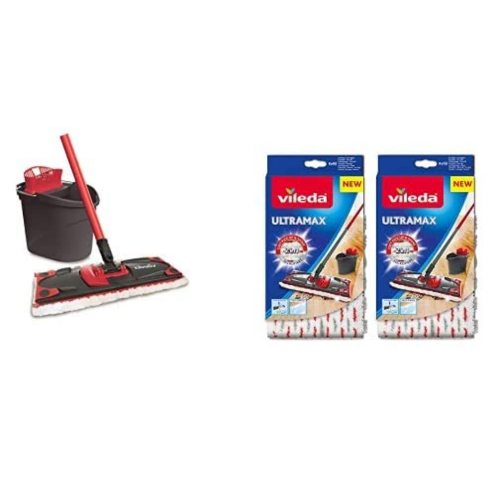 Vileda UltraMax Flat Mop and Bucket Set, Multi-Colour & UltraMax/1-2 Spray Replacement Microfibre Pads, Pack of 2